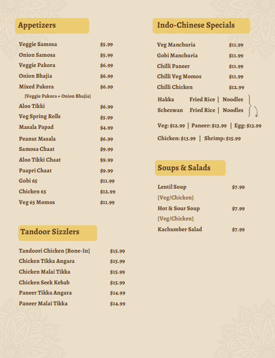 Aroma of India Menu Page 1
