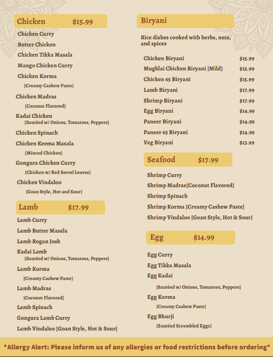 Aroma of India Menu Page 2